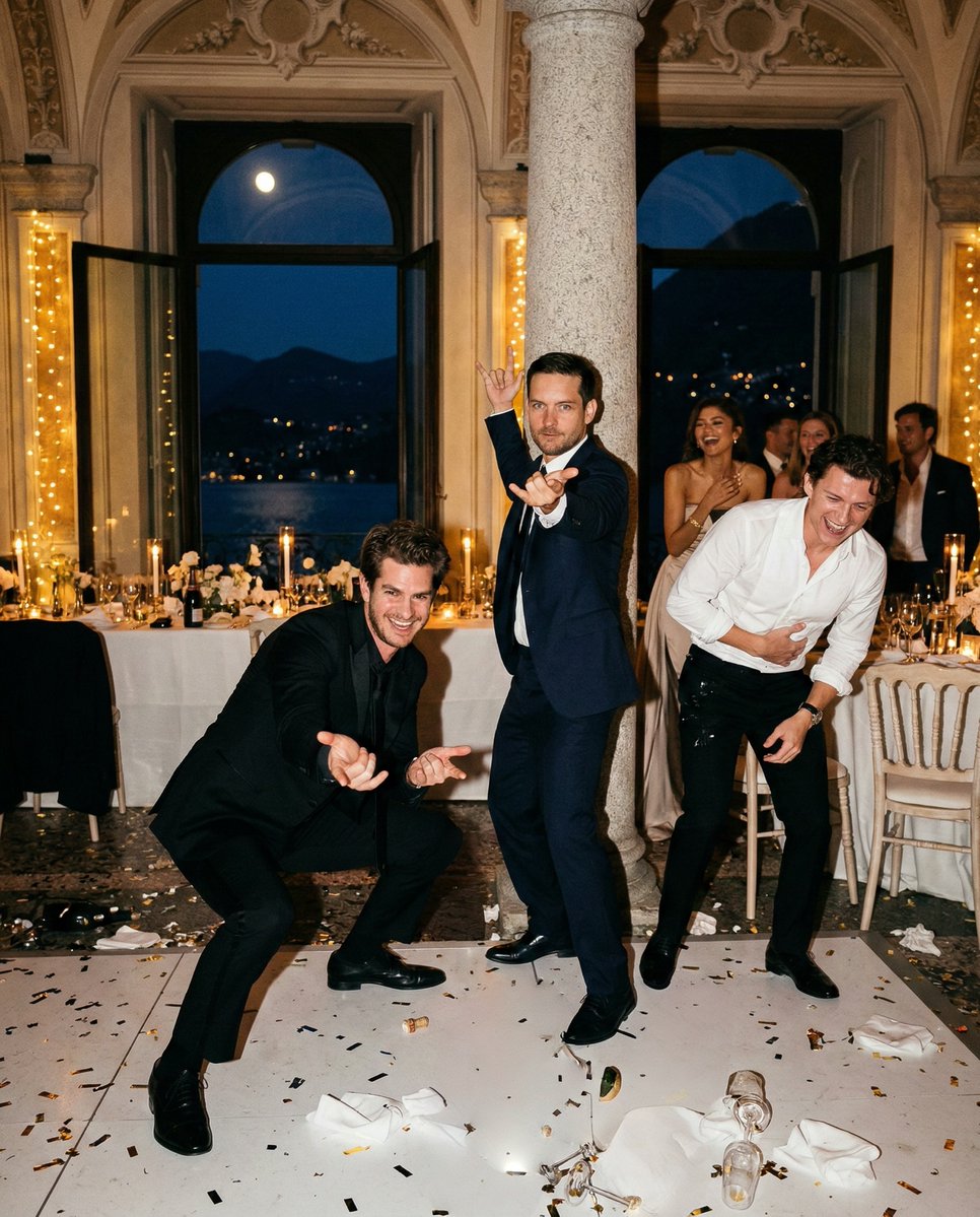 La ceremonia de boda de Tom Holland y Zendaya.
Estuvieron  Robert Downye Jr., Jake Gyllenhaal, Tobey Maguire, Andre Garfield, etc.
Que preciosidad de fotos, son increíbles, me encantan. 😍