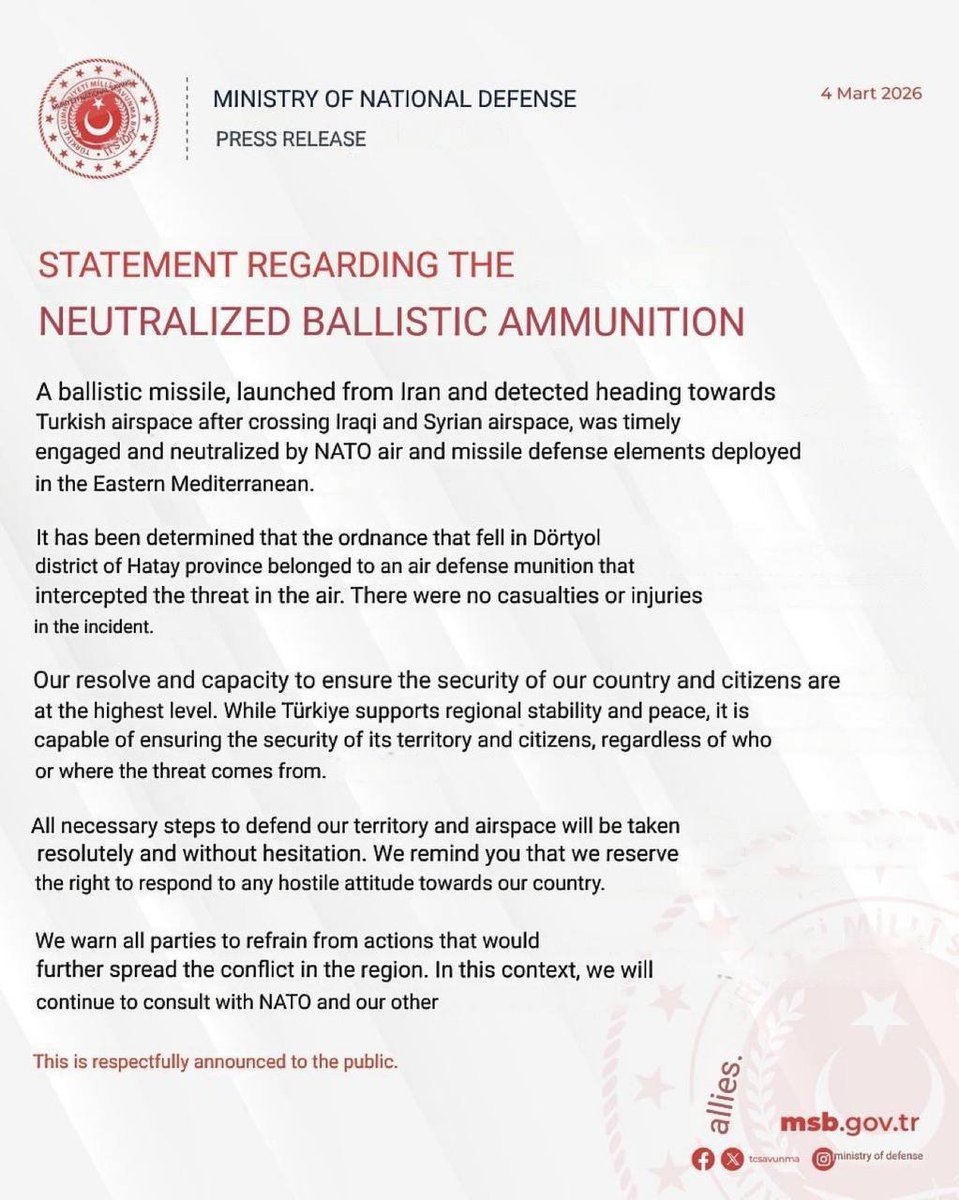 BREAKING: Turkey says that an Iranian ballistic missile was fired at it's territory, but was intercepted by "NATO air and missile elements deployed in the Eastern Mediterranean" (likely a US Navy destroyer)

If the hardliners in Turkey push for it, this could be considered