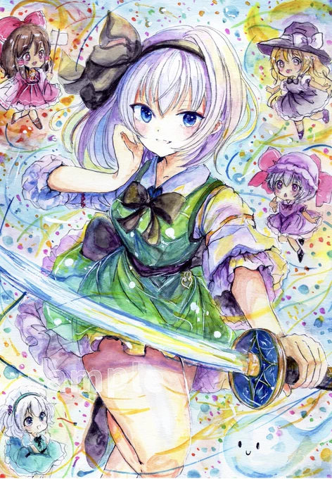 【ヤフオク出品しました】 魂魄妖夢メインの 東方オールスター風イラスト 霊夢 / フランドール / 魔理沙 / 咲夜 ミニキャラも描いています 宜しければご覧ください。 #イラスト #透明水彩 #アナログ原画 #東方Project #魂魄妖夢