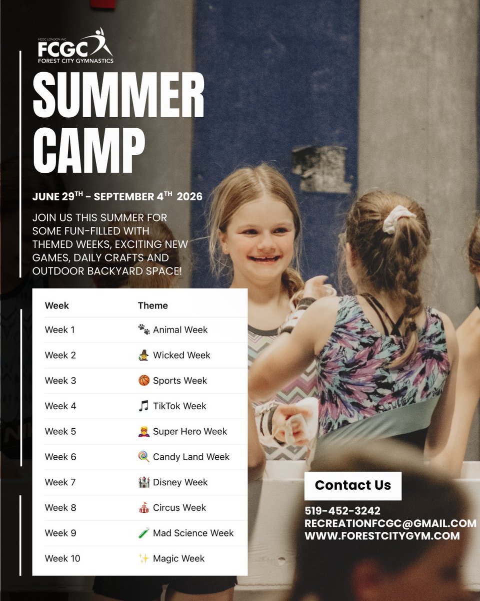 FcgcLondon's tweet photo. Unleash summer excitement with themed weeks, gymnastics lessons, outdoor activities, crafts, games, and more. Secure your spot—sign up now!

https://t.co/OtStK363pC
recreationfcgc@gmail.com
(519)452-3242 https://t.co/PaguOpg6pZ
