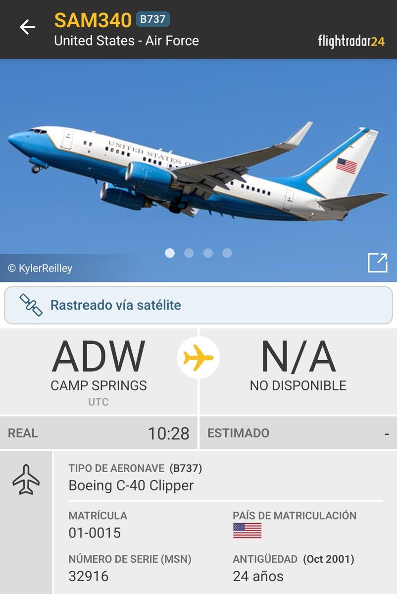 Fuerza Aérea 🇺🇲 C-40 Clipper registro 01-0015 con código de llamada SAM340 activo desde Joint Base Andrews en dirección Sur / Sureste.