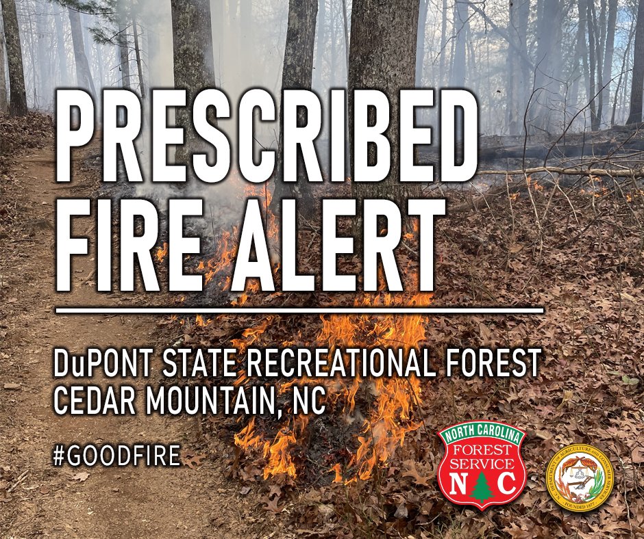ncforestservice's tweet photo. On Thursday, March 5, N.C. Forest Service personnel will conduct a prescribed fire operation, weather permitting, at DuPont State Recreational Forest. The burn will be in the area around Ruffed Grouse Trail, Hooker Creek Trail and Buck Forest Road.
#GoodFire #RxFire #RxBurning https://t.co/5FM15ZQ0tm