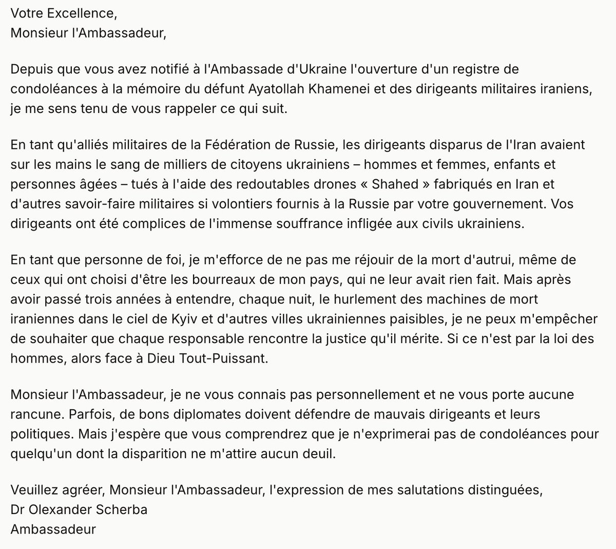 🇮🇷🇿🇦 L'ambassade d'Iran en Afrique du Sud a invité l'ambassadeur ukrainien à signer un livre de condoléances pour Khamenei 🤡

La réponse de l'ambassadeur Scherba est tout simplement parfaite 👇