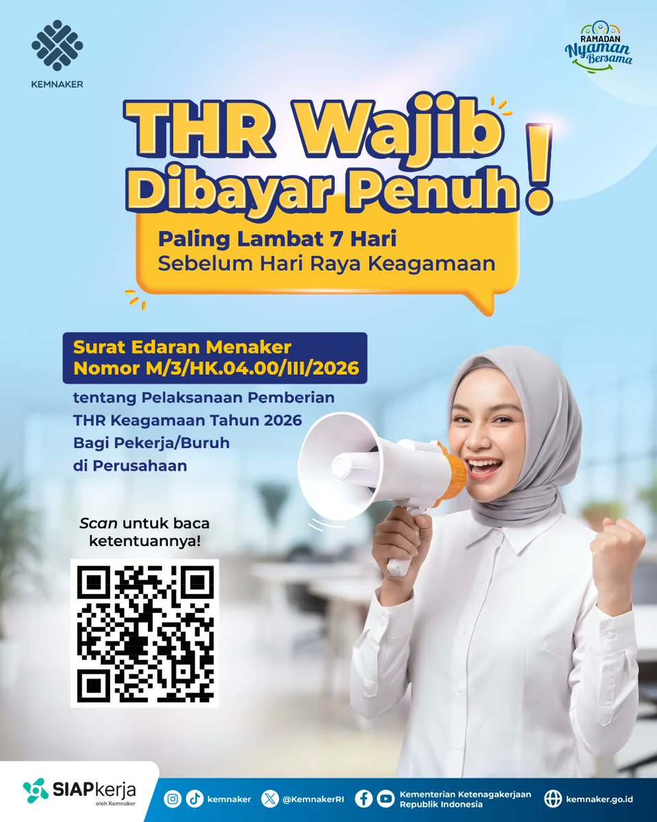 THR wajib dibayar penuh dan paling lambat 7 hari sebelum Hari Raya

Ketentuan ini tertuang dalam Surat Edaran Menaker Nomor M/3/HK.04.00/III/2026 tentang Pelaksanaan Pemberian THR bagi pekerja/buruh di perusahaan

Perusahaanmu sudah siap patuh aturan? Rekanaker sudah cek hakmu?