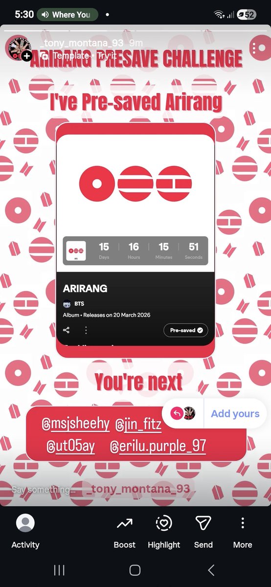 _bangtans_wings's tweet photo. I've made some more arirang templates for instagram stories!! Let's keep encouraging instagram armys to presave!! My ig- _tony_montana_93 https://t.co/Nm9QBWRNnZ