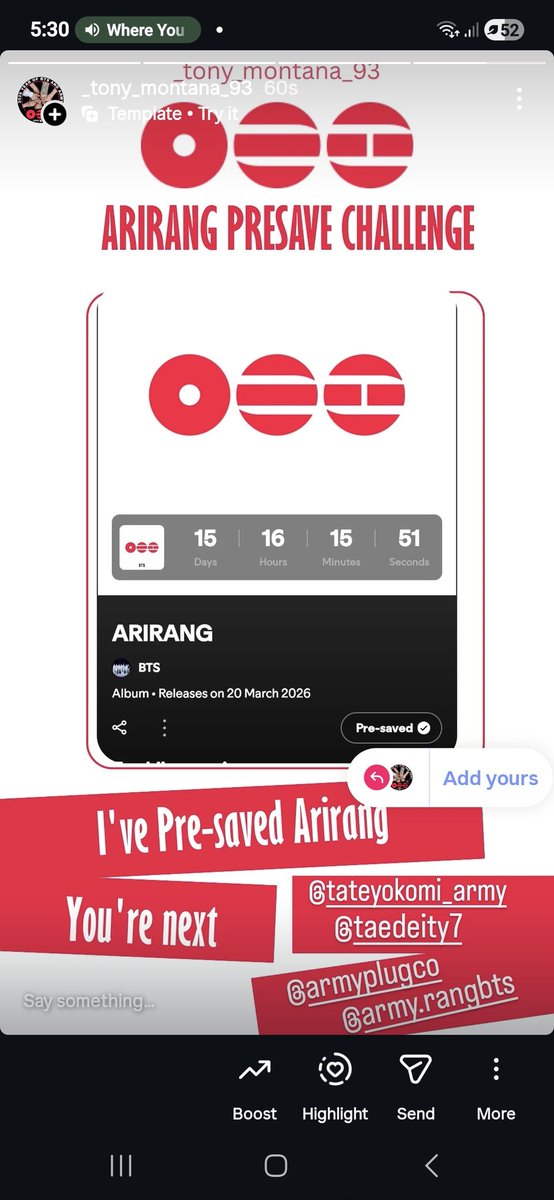 _bangtans_wings's tweet photo. I've made some more arirang templates for instagram stories!! Let's keep encouraging instagram armys to presave!! My ig- _tony_montana_93 https://t.co/Nm9QBWRNnZ