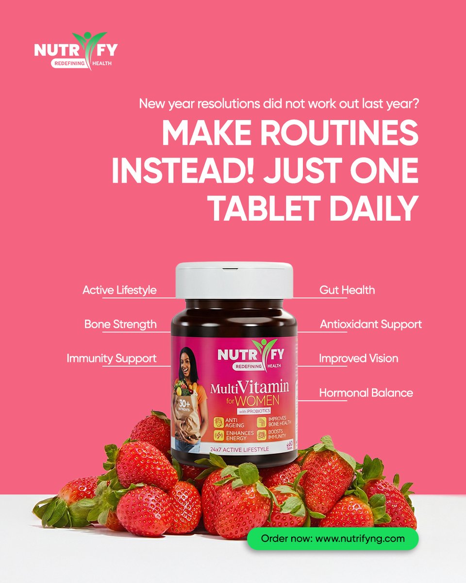 NutrifyNigeria's tweet image. Earlier this year, you made New Year resolutions. The secret to achieving them is building a routine.

Add Multivitamin for Women to your daily routine for a stronger, healthier you.

Visit nutrifyng.com  to shop now!

#nutrify #womenhealth #supplements