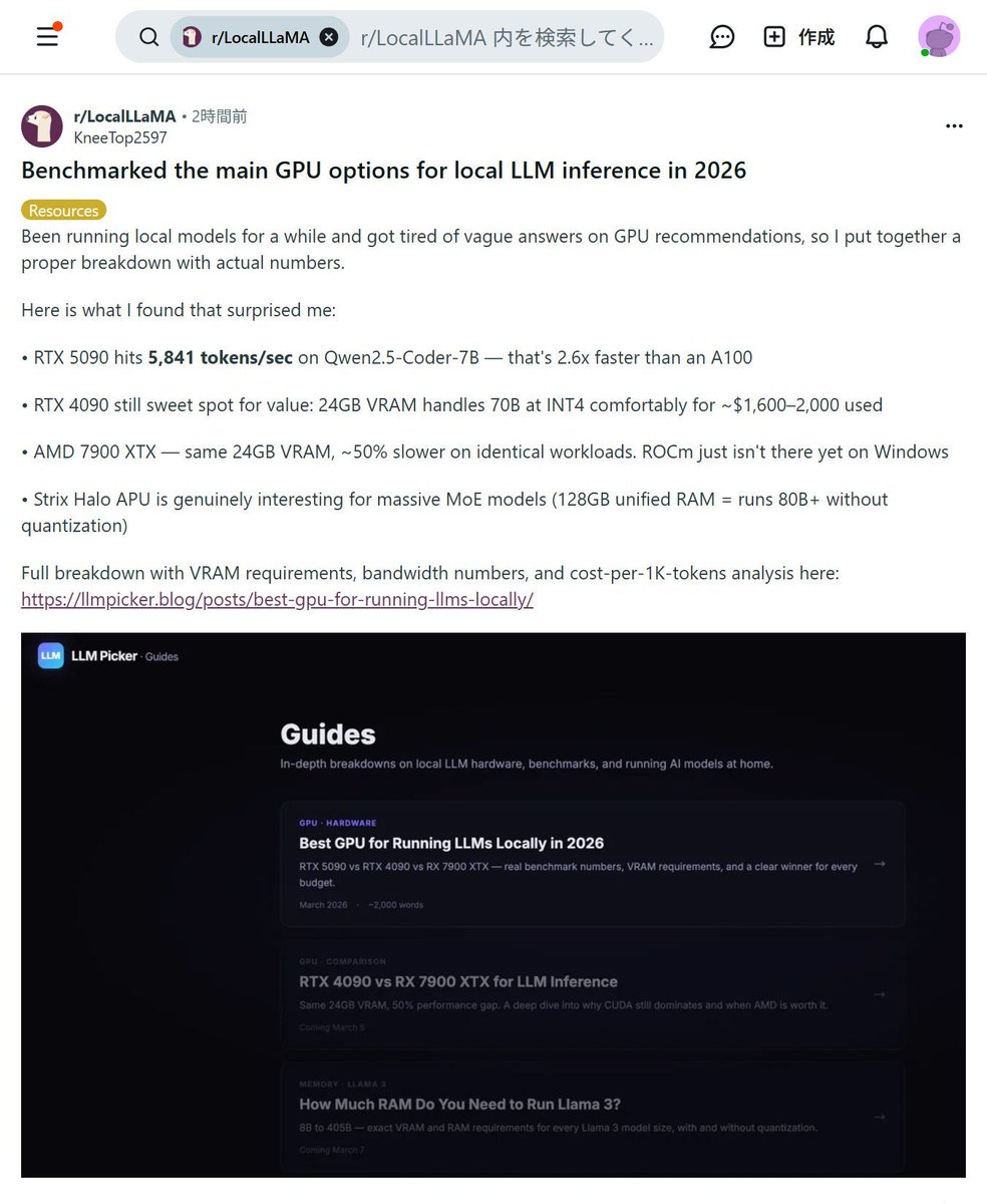 ai_hakase_'s tweet image. 【2026年最新】ローカルLLM最強GPUはこれ！
RTX 5090がA100の2.6倍速という驚異の性能を記録！Strix Haloなら巨大モデルも最高精度で動かせます。自前環境を構築して、AI開発を劇的に進化させましょう！🚀 #生成AI #RTX5090