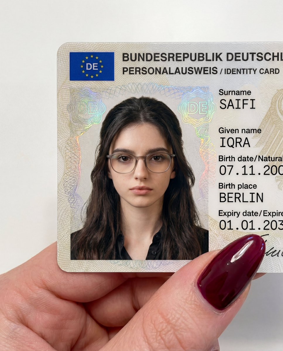IqraSaifiii's tweet photo. Nano Banana Pro VS Nano Banana 2 

Guess which one is which?

Prompt:

{ "type": "Close-up photography", "subject": "German National Identity Card (Personalausweis) held by a hand", "card_content": { "header_text": "BUNDESREPUBLIK DEUTSCHLAND / PERSONALAUSWEIS / IDENTITY CARD", "logo": "Blue EU flag box with 'DE' country code in the top left", "portrait": { "appearance": "Young woman with long, straight blonde hair parted in the middle", "facial_features": "Fair skin with prominent natural freckles across the nose and cheeks, neutral expression, hazel/green eyes looking directly forward", "clothing": "Black top with a visible neckline", "accessories": "Small silver stud earrings visible on earlobes" }, "text_data": { "surname": "SAIFI", "given_name": "IQRA, "birth_date": "07.11.2[cut off]", "birth_place": "BERLIN", "expiry_date": "01. [cut off]" }, "surface_texture": "Glossy laminate with visible holographic security patterns (guilloche lines) overlaying the portrait and text" }, "foreground_hand": { "position": "Holding the bottom right corner of the card", "skin_tone": "Fair/Light", "fingernail": "Thumb visible with a long, almond-shaped nail painted in a glossy, deep burgundy or dark red color" }, "background": "Plain, solid white surface", "lighting": "Soft, even indoor lighting creating slight reflections on the card's surface and the glossy nail polish", "framing": "Top-down, vertical close-up shot focused entirely on the card and the thumb" } } 

on @Hailuo_AI