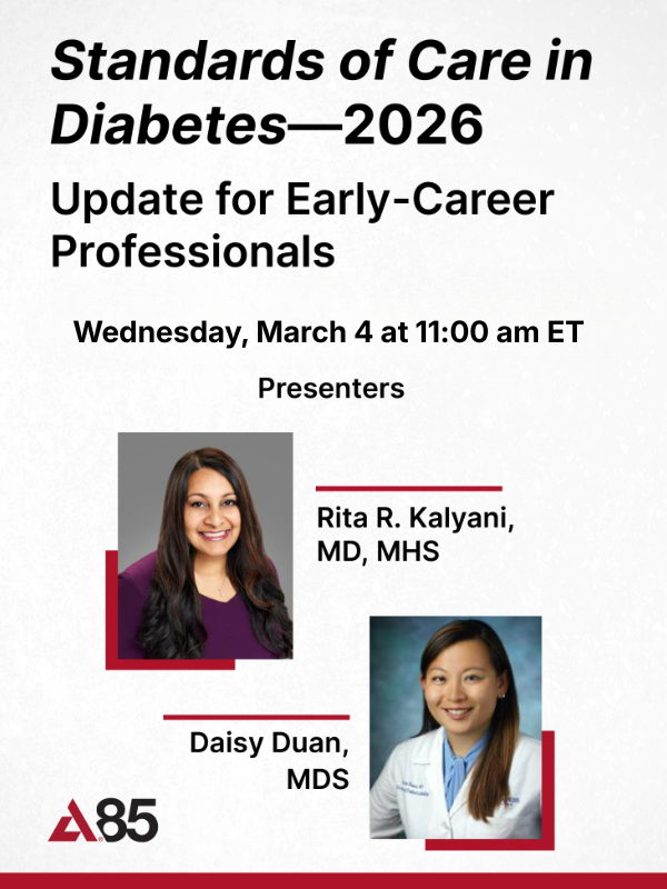 ADA_DiabetesPro's tweet photo. Early career clinicians &amp; fellows: get the latest Standards of Care in Diabetes—2026 updates &amp; how to apply them in practice.

🔗 Learn more: https://t.co/CyfuMinLwj
📅 Mar 4 | 11 a.m. ET

Guidance on classifying, diagnosing, preventing &amp; treating diabetes. #ADAStandards https://t.co/2YsyoIR3BM