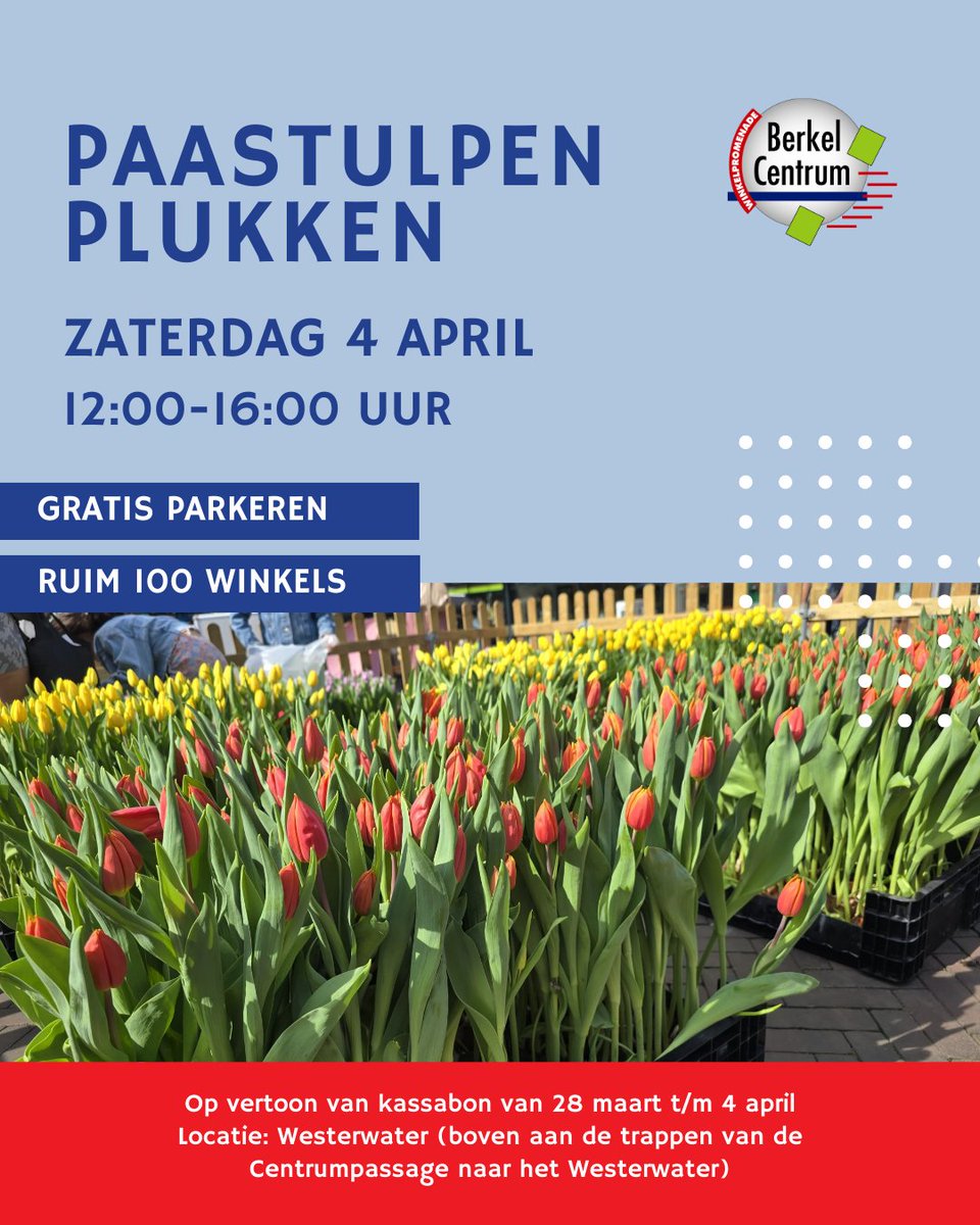 Save the date! 🌷

Op zaterdag 4 april wordt het extra vrolijk in Berkel Centrum! Kom gratis paastulpen plukken en geef je paastafel een kleurrijke touch. Neem je kassabon mee en pluk gratis 5 tulpen 💛

⏰ 12:00 – 16:00 uur
📍 Westerwater

👉 Meer info: winkelcentrum-berkel.nl/activiteiten/p…