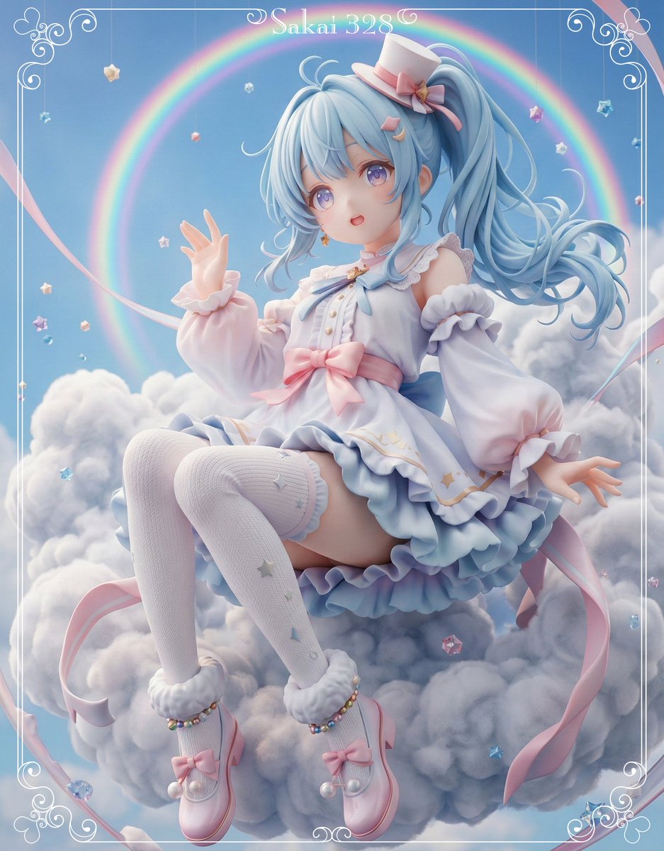 328pink's tweet photo. ❤️🩵：雲の上は綿あめみたいにふわふわで、とっても気持ちいいよ🌈✨
この雲のクッションに座って、少しだけお昼寝してみない☁️🫧

Character by ねむ❤️ゆめ🩵
#さかみューズ #AIart︎ 
━━━━━━━━━━━━━━━━━━━━━━━━
衣装プロンプト公開しました！✨
よければ着せ替えして遊んでね💖