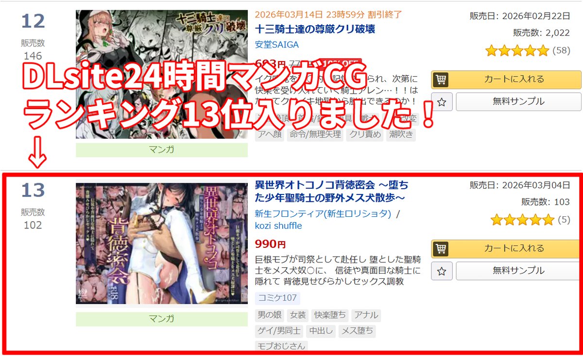 DLsite24時間マンガCGランキング13位入りました!🎉
あと15冊売れれば10位になります

応援よろしくお願いします!(*'Д`)

DLsite
https://t.co/CCrnj6F62Z

#男の娘 #C107 #ad 
