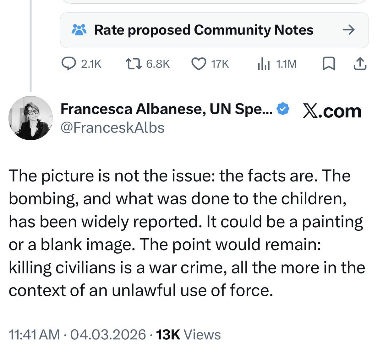 UN’s Hamas rep doubles down: After we exposed her fake AI image—designed to drum up support for the murderous regime in Iran—Francesca Albanese says “the picture is not the issue.”

And as a fake, non-lawyer, she doesn’t know the law: errors are not crimes; intent is required. 🧵