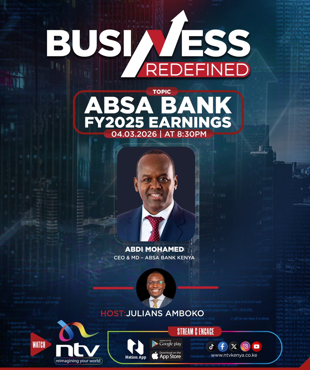 Tonight on <a href="/ntvkenya/">NTV Kenya</a>'s #BusinessRedefined starting 8:30pm, I sit down with <a href="/AbsaKenya/">Absa Bank Kenya</a>'s MD &amp; CEO, Abdi Mohamed (<a href="/abdy_mohamed/">Abdi Mohamed</a>) to whip through the bank's 2025 earnings.

On the agenda:

· The 17.0% bump up in the bank's total dividend to Kes 2.05/share
· The 6.0% dip in Net