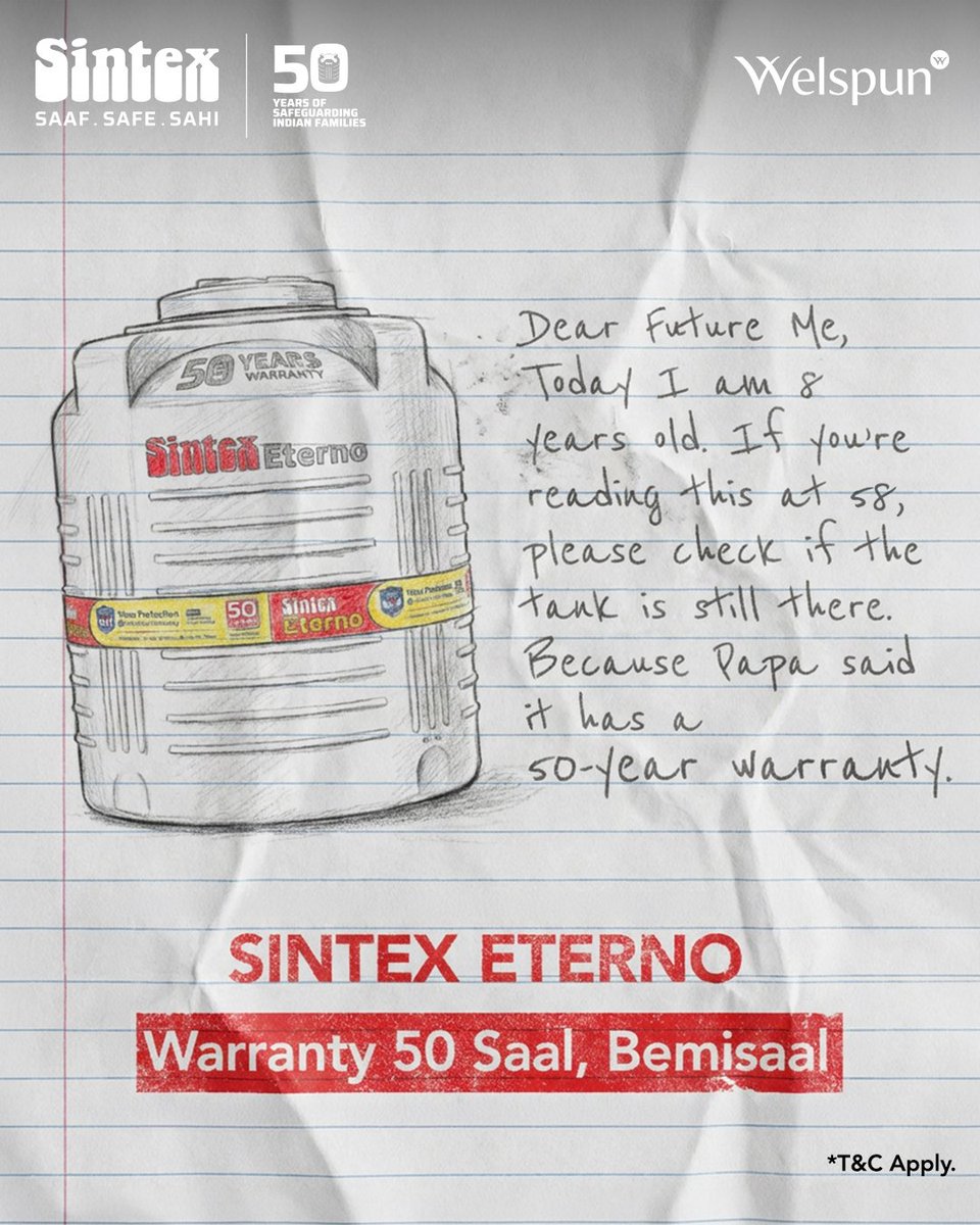 sintex_india's tweet photo. Some promises are made for today. Some are made for the future.

With Sintex Eterno, a 50-year warranty isn’t just about buying a tank - it’s about securing peace of mind for the next generation.

Know more:
https://t.co/MXlUaJ7MQP

#Sintex #SintexEterno #Warranty50SaalBemisaal https://t.co/35BuxLIX6b