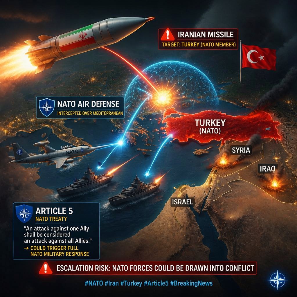 FinanceFreeman's tweet photo. 🚨 BREAKING: Iran launched a ballistic missile toward Turkey, a NATO member.

The missile was intercepted by NATO air defenses over the Mediterranean before entering Turkish airspace. 

Will Article 5 be Invoked leading to WW3?? 

Article 5 of the NATO treaty means an attack on one member is considered an attack on all, potentially triggering a collective military response.  

This escalation risks pulling the entire NATO alliance into the conflict.