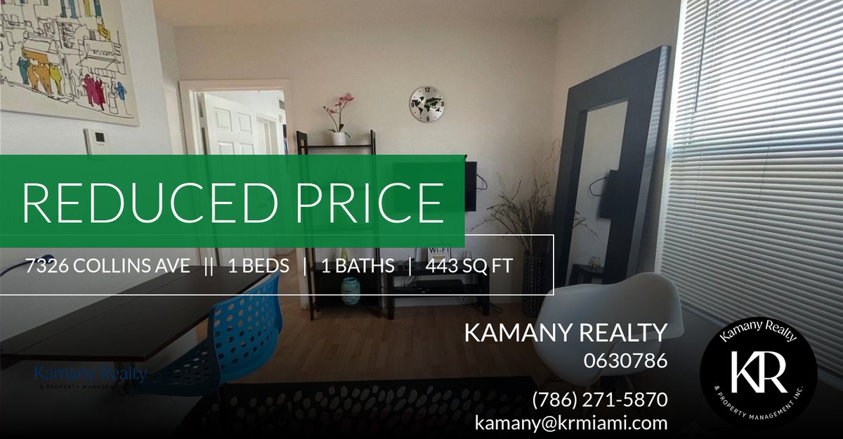 kamany1's tweet photo. 📍 Reduced Price 📍 This recently reduced home at 7326 Collins Ave 207 in Miami Beach won't last long, so, don't wait to set up a showing! Reach out here or at (786) 271-5870 for more information!

Kamany Realty &amp; Property Manag... https://t.co/1qr7WCCEZK https://t.co/UASFlA0G9X