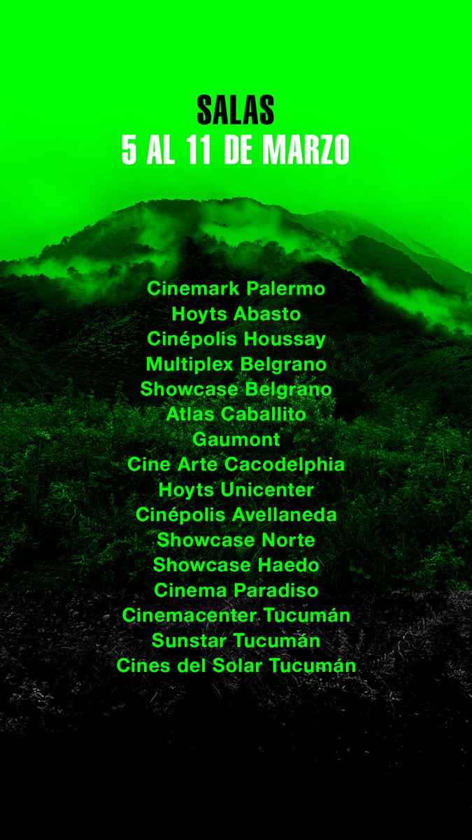 Del 5 al 11 de marzo en estas salas.
En las próximas semanas, nuevas ciudades del país 🇦🇷

NUESTRA TIERRA, una película de Lucrecia Martel.
Estreno 5 de marzo - Disponible sólo en cines.

PREVENTA DISPONIBLE.
🎟️Comprá tus entradas ahora: linktr.ee/nuestratierra.…