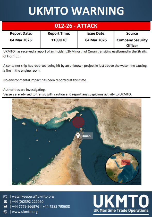 🚨🇮🇷🇴🇲 Iran just hit a commercial vessel trying to exit the Strait of Hormuz into the Gulf of Oman. Inside Omani waters.

Iran bombed Oman's ports. Struck their waters. And now hitting ships trying to escape the Gulf entirely.

There is no safe exit route anymore.

<a href="/UK_MTO/">UKMTO Operations Centre</a>
