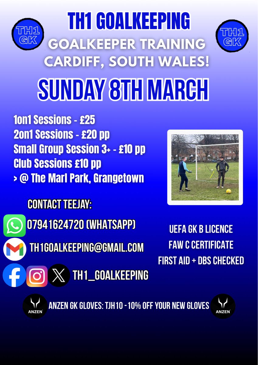 🏴󠁧󠁢󠁷󠁬󠁳󠁿🧤⚽️Goalkeeper Training in Cardiff!⚽️🧤🏴󠁧󠁢󠁷󠁬󠁳󠁿
Sunday 8th March 
Sessions available: 9-10, 10-11, 11-12 

1on1, 2on1 &amp; group/club sessions all available coached by myself Qualified FAW Goalkeeper Coach with 7 years of coaching experience.
🧤🏴󠁧󠁢󠁷󠁬󠁳󠁿⚽️

#goalkeepers #goalkeepering #gkunion