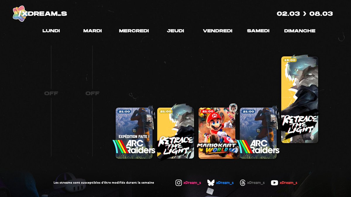 Il fait tellement beau dehors, ça donne envie de geeker 😎

Planning de la semaine :
🤖 L'expédition est faite sur ARC Raiders
⚡ Après la démo, le let's play sur Retrace The Light
🏎️ Pour le fun d'être ensemble, du Mario Kart World avec @grey_twitch 

➡️ twitch.tv/xDream_s