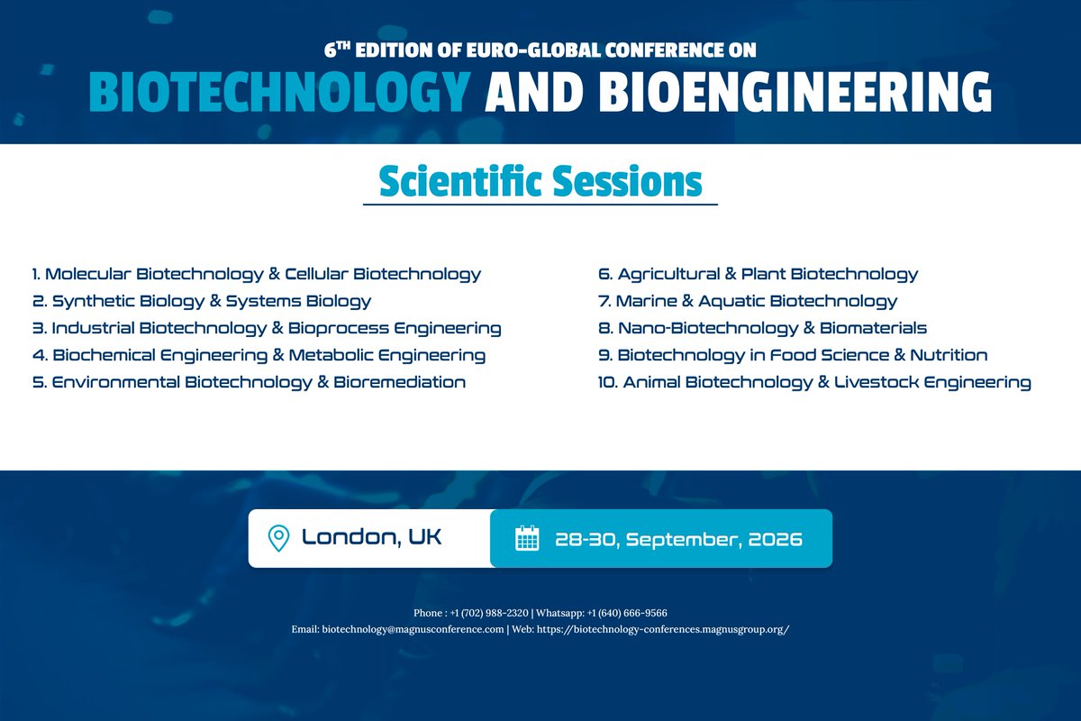 🌍 Be part of <a href="/BioCongress/">Biotechnology 2026 Conference</a> scheduled during September 28–30, 2026 at London, United Kingdom
🔗 Submit your abstract here
 …echnology-conferences.magnusgroup.org/submit-abstract 
Don’t miss this opportunity to connect and contribute to the advancement of Biotechnology and Bioengineering
#BiotechnologyCongress
