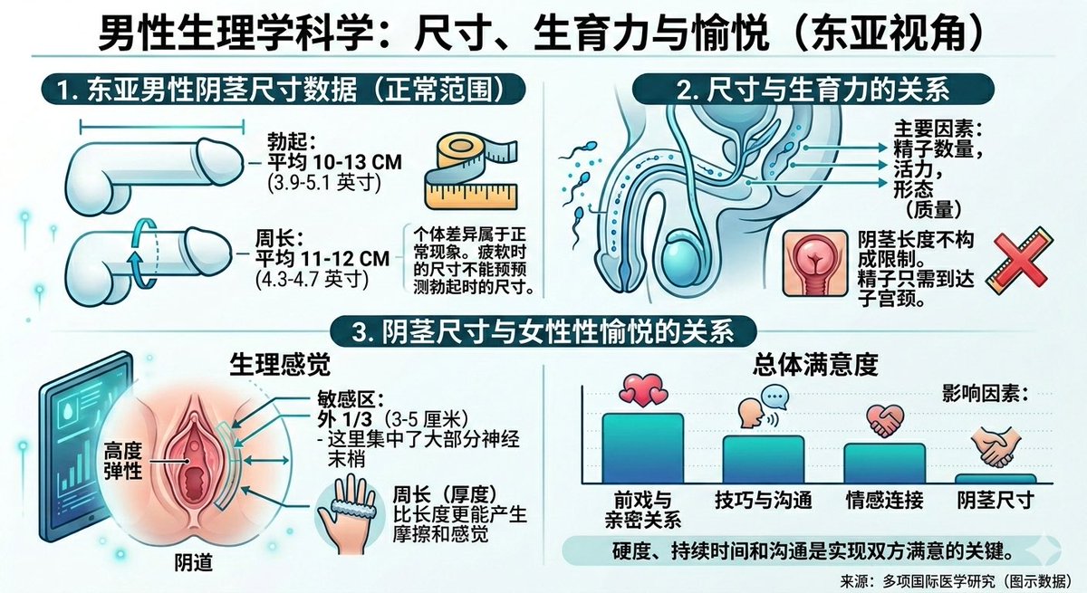 andy88988696's tweet photo. 如果男性性器官太小是不是会影响到受孕？

太小的话是不是会对于亲密行为时有影响？

上面这些问题想必是很多男性的疑惑

大家都觉得性器官越大越好；但事实真的���这样吗？

既然都提到大小了，那到底怎样算大、怎样算小？

这些问题想必很多男性都会想知道，下面我将用大数据来科普给大家知道～

根据多项大型国际研究（如 British Journal of Urology International 等）的统计

针对东亚（如中、日、韩）男性的统计，勃起后的平均长度通常落在 10 公分至 13 公分 之间，周长（粗度）约为 11 公分至 12 公分。

医学上认为，勃起后超过 7 公分 即属于正常生理范围，足以完成自然受孕与性行为。

许多人会透过「未勃起状态」来判断，但医学研究显示，疲软状态的大小与勃起后的大小并无绝对的正相关

接下来我们来看阴茎大小与受孕的关系

从生殖生物学的角度来看，阴茎大小与生育能力几乎没有直接关系。

能否生育的关键在于精子质量！

受孕的成功与否，核心取决于精子的数量、活动力以及型态，而非「输送管道」的长度。

从解剖学来看～阴道在自然状态下是紧闭的长度约 7 至 10 公分，且具有高度弹性。只要射精位置能让精子进入子宫颈口，受孕机率就不受阴茎长度影响

只有极少数的「微小阴茎」（勃起后小于 7 公分）可能在某些体位下较难将精子送至子宫颈附近，但这通常可以透过调整姿势来补足

最后，想必也是很多男性想知道的，阴茎大小与女性感受的关系

我们先从解剖学事实来看，重点在「前段」

女性阴道的神经末梢分布并不平均，约 80% 的感觉神经末梢集中在阴道外侧的 1/3（约前 3-5 公分）。

所以��度并非关键，阴道深处的神经分布较稀疏，过度的深度冲击有时反而会造成子宫颈的撞击疼痛感

除此之外，多项性学调查显示，相较于长度，女性在生理感受上对于粗度的偏好略高。

这是因为粗度能带来更好的「充实感」并更有效地摩擦到阴道前段的敏感区域

女性的性满足高度依赖大脑的兴奋感与前戏的品质

事实上，大多数女性无法单靠阴道渗透达到高潮，通常需要结合阴蒂刺激。

因此，阴茎的大小在整场性爱满足度中的占比其实远比男性想像中低。

所以男性同胞们，与其追求长度，维持勃起硬度、持久度以及亲密沟通对于双方的满足感更有实质帮助

看完上面的文章大家是不是对男性的阴茎大小有不同的看法了

有任何疑问或是觉得我哪里有��错的，欢迎到留言区评论分享哦～

#男性 #性科普 #大小 #迷思