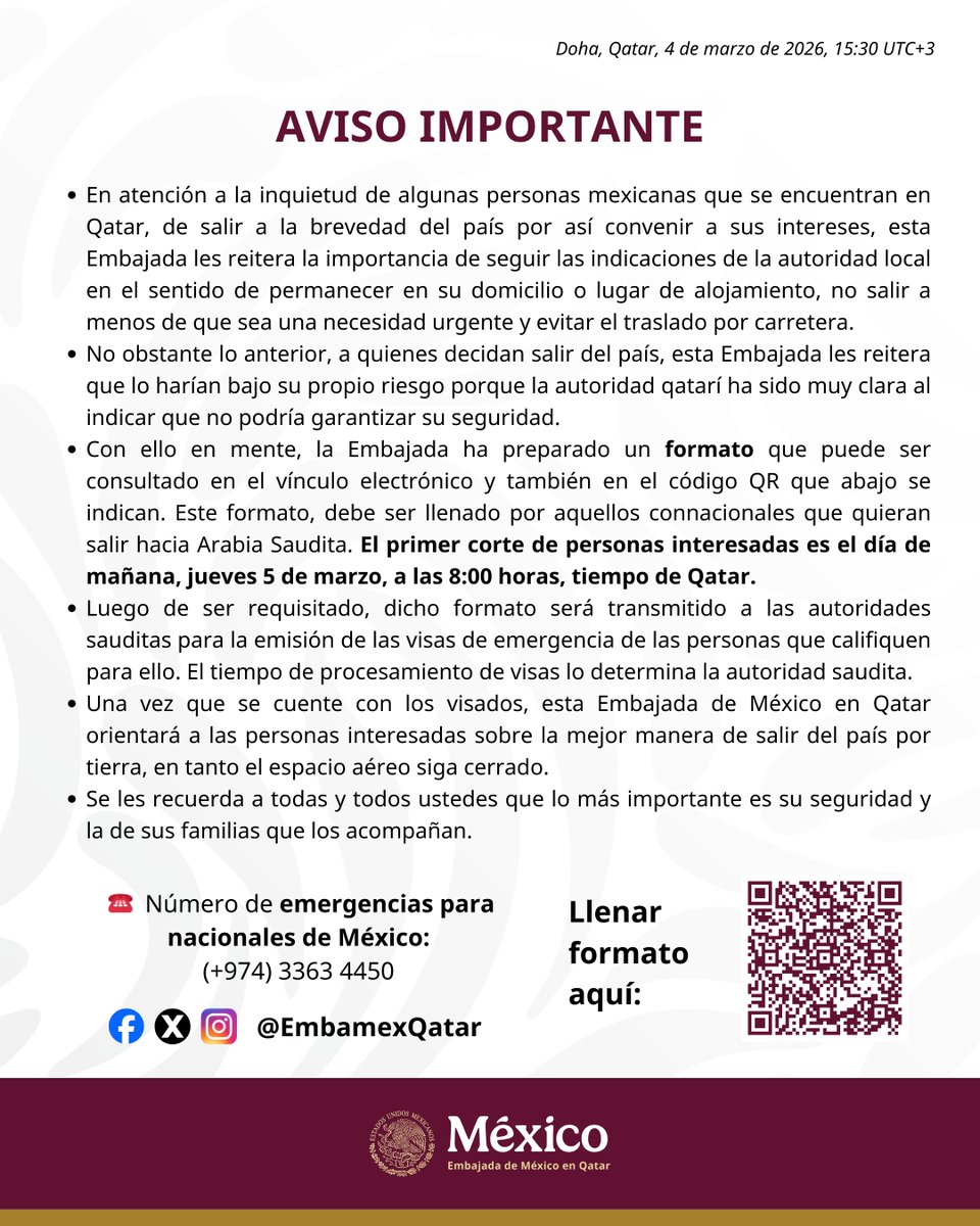 EmbaMexQatar's tweet photo. 🇲🇽 Aviso importante para personas mexicanas interesadas en salir de Qatar por tierra a Arabia Saudita. 

✍️Puedes encontrar el formato aquí: https://t.co/oKsMBOh8UE https://t.co/YQY3MhzZ5n