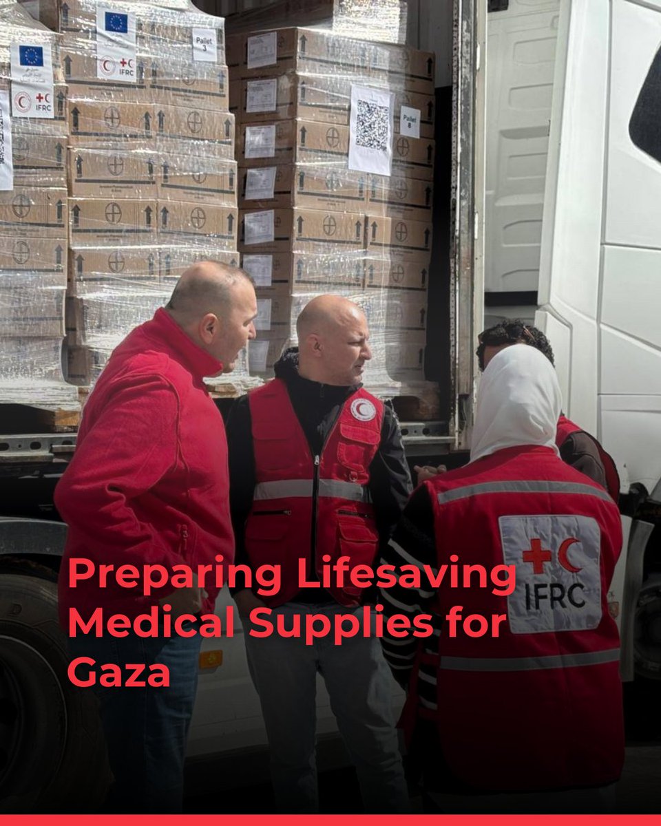 IFRC_MENA's tweet photo. With the support of @ifrc and the @eu_echo through ECHO, @PalestineRCS continues large-scale preparation and dispatch of critical medical supplies to #Gaza.

Sustained coordination and rigorous standards remain central to ensuring timely delivery to the health sector.

We thank our partners for their continued support, which helps ensure that essential humanitarian assistance reaches those who need it most.