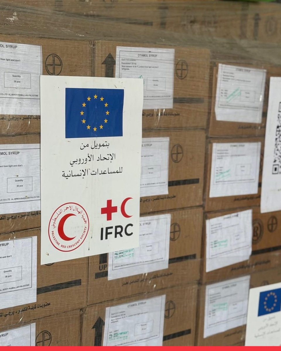 IFRC_MENA's tweet photo. With the support of @ifrc and the @eu_echo through ECHO, @PalestineRCS continues large-scale preparation and dispatch of critical medical supplies to #Gaza.

Sustained coordination and rigorous standards remain central to ensuring timely delivery to the health sector.

We thank our partners for their continued support, which helps ensure that essential humanitarian assistance reaches those who need it most.