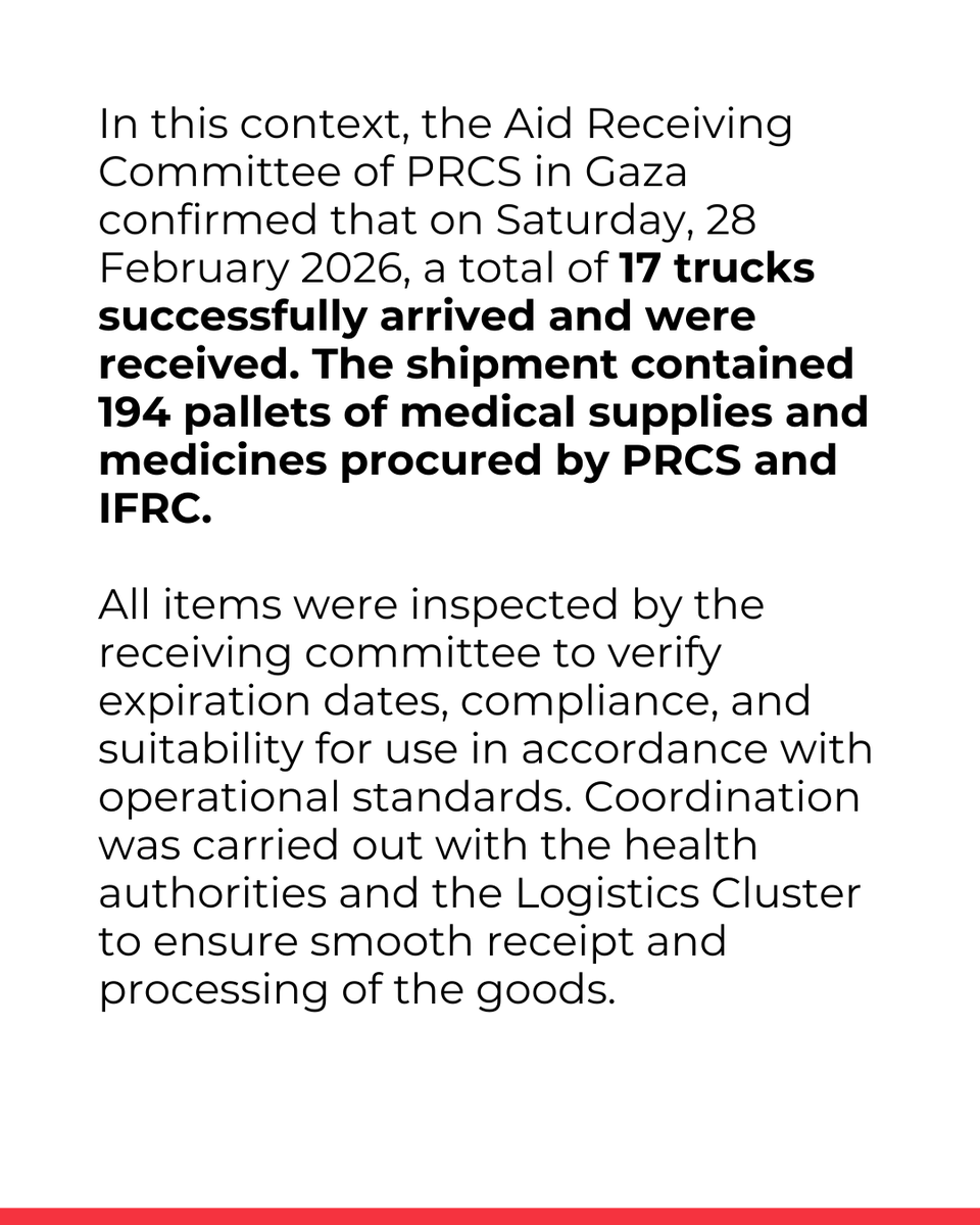 IFRC_MENA's tweet photo. With the support of @ifrc and the @eu_echo through ECHO, @PalestineRCS continues large-scale preparation and dispatch of critical medical supplies to #Gaza.

Sustained coordination and rigorous standards remain central to ensuring timely delivery to the health sector.

We thank our partners for their continued support, which helps ensure that essential humanitarian assistance reaches those who need it most.