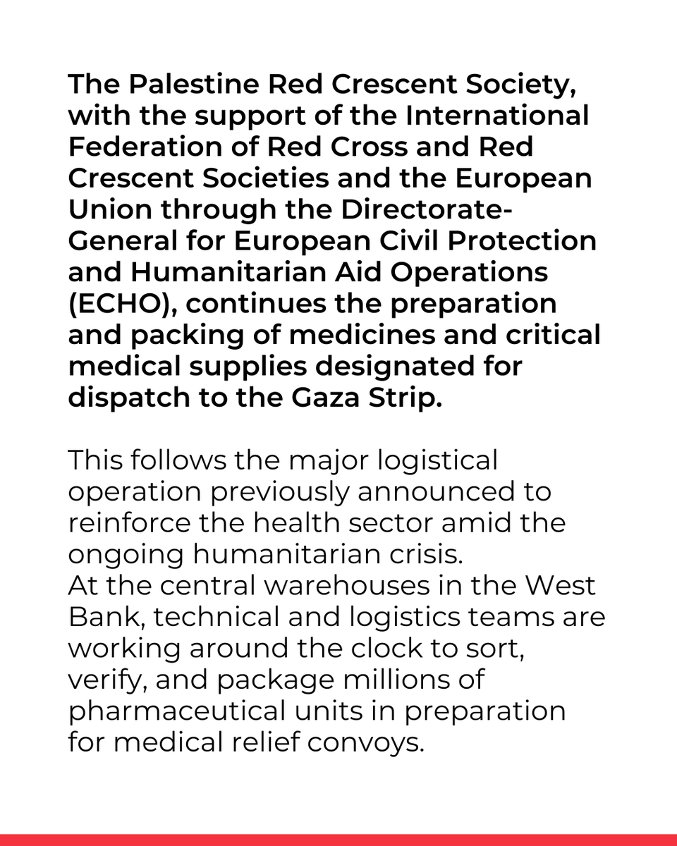 IFRC_MENA's tweet photo. With the support of @ifrc and the @eu_echo through ECHO, @PalestineRCS continues large-scale preparation and dispatch of critical medical supplies to #Gaza.

Sustained coordination and rigorous standards remain central to ensuring timely delivery to the health sector.

We thank our partners for their continued support, which helps ensure that essential humanitarian assistance reaches those who need it most.