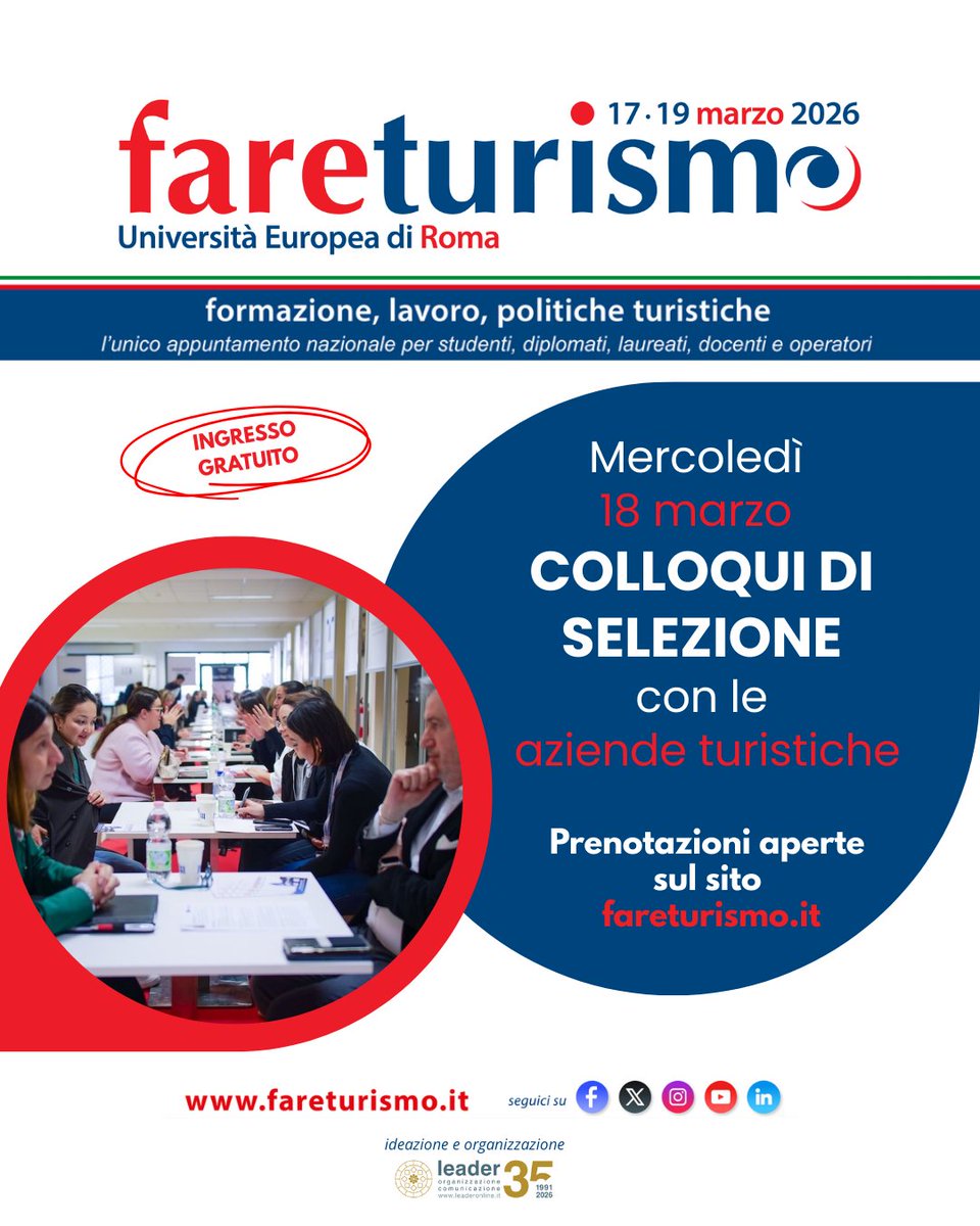 APERTE LE PRENOTAZIONI PER I COLLOQUI DI SELEZIONE SUL SITO FARETURISMO.IT

📌  Mercoledì 18 marzo sarà possibile partecipare ai colloqui di selezione  con i responsabili delle Risorse Umane di 33 aziende turistiche.

INGRESSO GRATUITO
