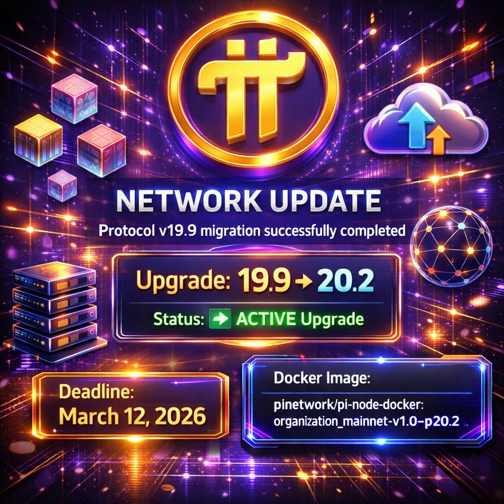 drnicolas_'s tweet photo. 🚀✅ Protocol v19.9 migration successfully completed!
The network is now moving to the next upgrade: v20.2

🔄 Upgrade: 19.9 ➜ 20.2
🟢 Status: ACTIVE Upgrade
📅 Deadline: March 12, 2026

⚠️ Node Operators:
Please ensure your nodes are upgraded to stay compatible with the network and avoid synchronization issues.

📦 Docker Image:
"pinetwork/pi-node-docker:organization_mainnet-v1.0-p20.2"

💡 This is a quick upgrade with no internal data migrations required and minimal downtime expected.

🌐 Stay updated with the latest Pi Node guides, updates, and community discussions.

📢 Join our Telegram channel:
👉   https://t.co/IknBWruHe8

🚀💜🔁