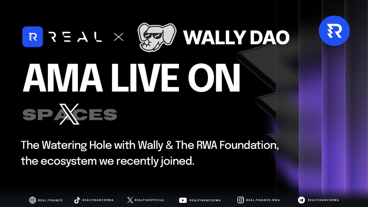 RealFinOfficial's tweet photo. 🎙 WALLY DAO & RWA Foundation × REAL Finance AMA - Live on X Spaces 🎙

We can’t wait to attend to The Watering Hole with Wally & The RWA Foundation, the ecosystem we recently joined. 🙌🏼

This conversation will focus on the future of real-world assets, tokenization infrastructure, and the next phase of institutional adoption on-chain,  and why building the right rails matters.

Join REAL Finance as we discuss where the RWA market is heading and what it takes to make tokenized finance scalable, credible, and usable.

📅 5th March
⏰ 10:00 AM EST
🔔 Set your reminder: https://t.co/anQ3vgaGrd

See you there. 💥