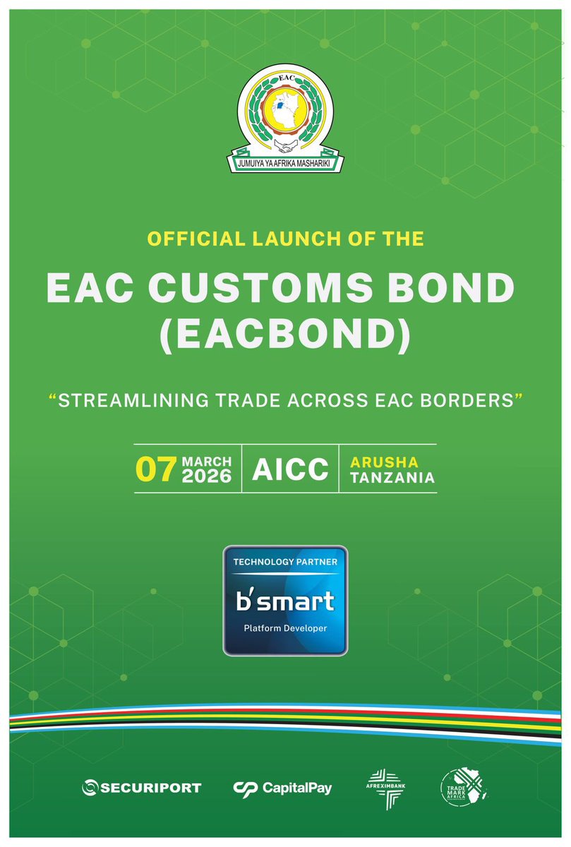 𝟐𝟓𝐓𝐇 𝐄𝐀𝐂 𝐇𝐄𝐀𝐃𝐒 𝐎𝐅 𝐒𝐓𝐀𝐓𝐄 𝐒𝐔𝐌𝐌𝐈𝐓
📍    Arusha, Tanzania 

 🗓️   7th March, 2026

🔹 During the Summit, the Heads of State are expected to launch the EAC Customs Bond; a single regional customs guarantee that replaces the current requirement for multiple
