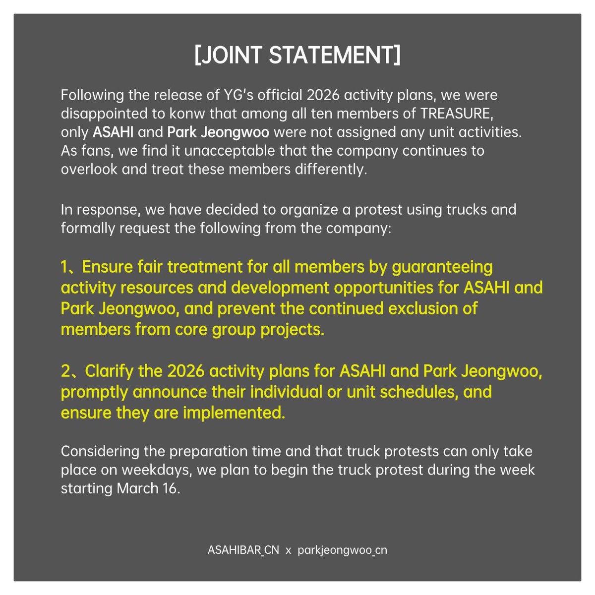 JOINT STATEMENT

<a href="/ygent_official/">YG FAMILY</a> <a href="/ygent_official/">YG FAMILY</a>

Asahi Park Jeongwoo Absence
YG's Silence

#TREASURE #PARKJEONGWOO #ASAHI