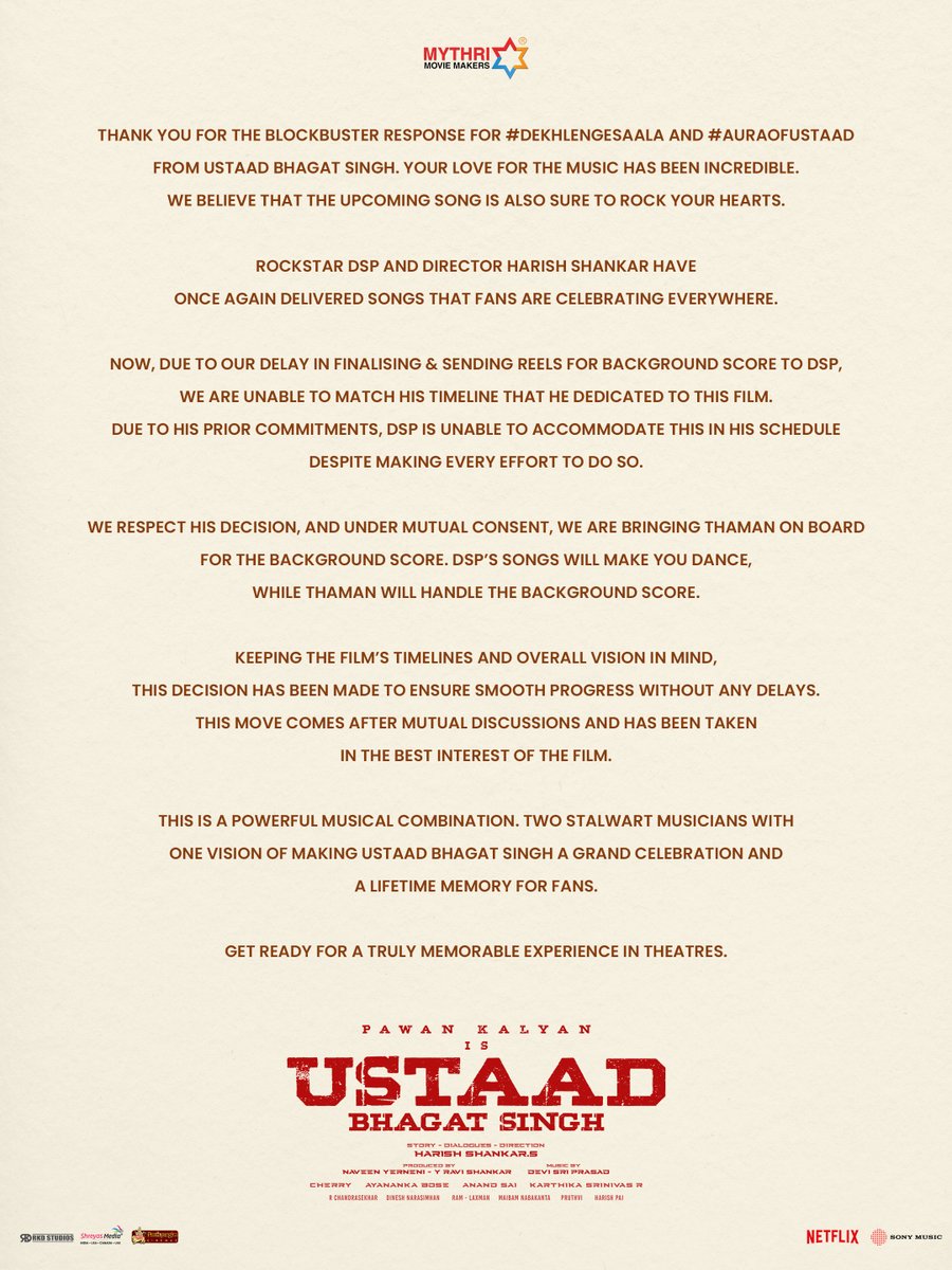 GulteOfficial's tweet image. #UstaadBhagatSingh songs by #DeviSriPrasad and background score by #Thaman