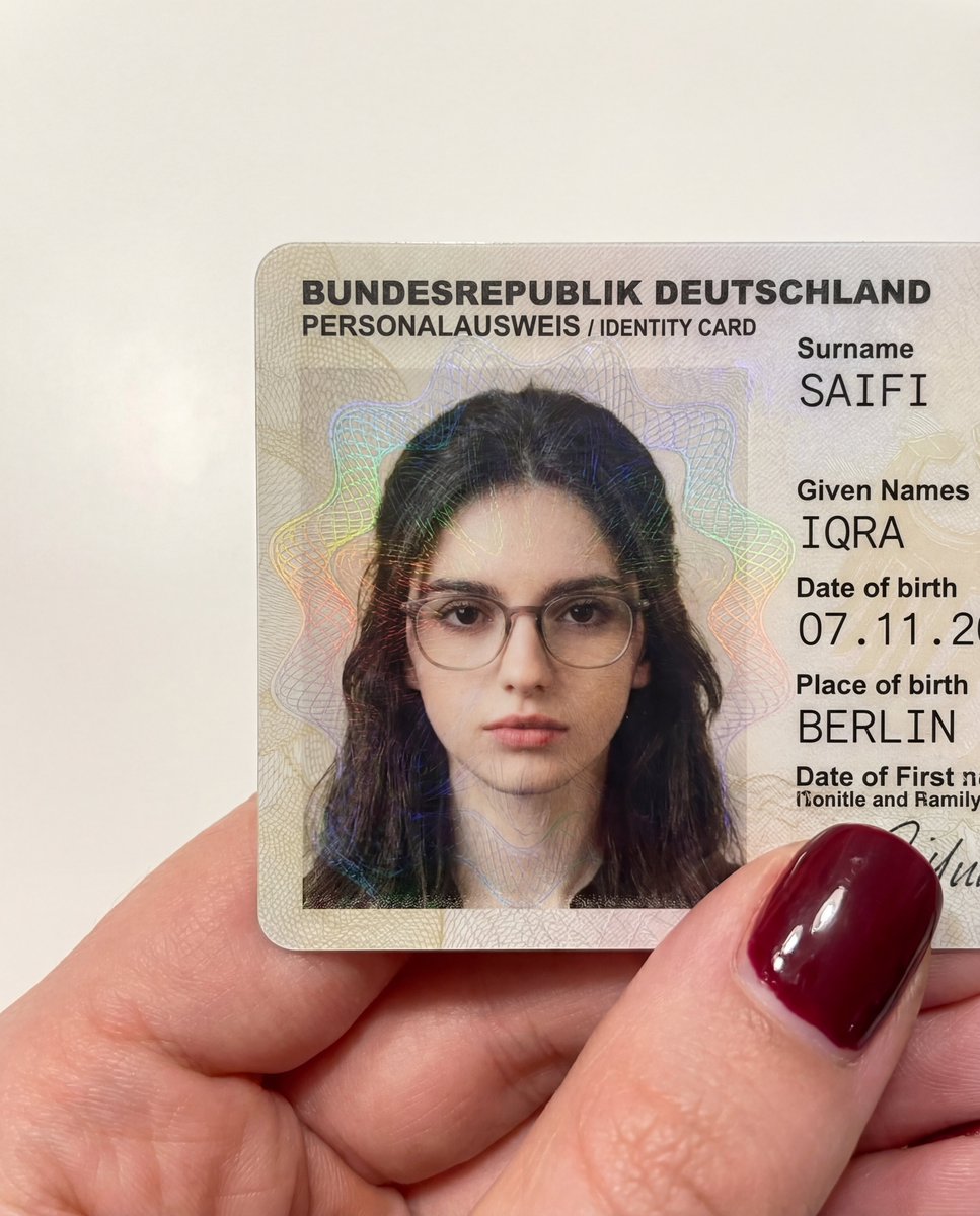IqraSaifiii's tweet photo. Nano Banana Pro VS Nano Banana 2 

Guess which one is which?

Prompt:

{ "type": "Close-up photography", "subject": "German National Identity Card (Personalausweis) held by a hand", "card_content": { "header_text": "BUNDESREPUBLIK DEUTSCHLAND / PERSONALAUSWEIS / IDENTITY CARD", "logo": "Blue EU flag box with 'DE' country code in the top left", "portrait": { "appearance": "Young woman with long, straight blonde hair parted in the middle", "facial_features": "Fair skin with prominent natural freckles across the nose and cheeks, neutral expression, hazel/green eyes looking directly forward", "clothing": "Black top with a visible neckline", "accessories": "Small silver stud earrings visible on earlobes" }, "text_data": { "surname": "SAIFI", "given_name": "IQRA, "birth_date": "07.11.2[cut off]", "birth_place": "BERLIN", "expiry_date": "01. [cut off]" }, "surface_texture": "Glossy laminate with visible holographic security patterns (guilloche lines) overlaying the portrait and text" }, "foreground_hand": { "position": "Holding the bottom right corner of the card", "skin_tone": "Fair/Light", "fingernail": "Thumb visible with a long, almond-shaped nail painted in a glossy, deep burgundy or dark red color" }, "background": "Plain, solid white surface", "lighting": "Soft, even indoor lighting creating slight reflections on the card's surface and the glossy nail polish", "framing": "Top-down, vertical close-up shot focused entirely on the card and the thumb" } } 

on @Hailuo_AI