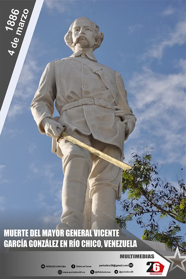 🗓️ 4 de marzo de 1886 Recordamos el paso a la inmortalidad del Mayor General #VicenteGarcía, el "León de Santa Rita", símbolo de la dignidad tunera y cubana. Su legado de lucha y rebeldía sigue vivo en cada victoria del pueblo.
#TenemosMemoria #LasTunas