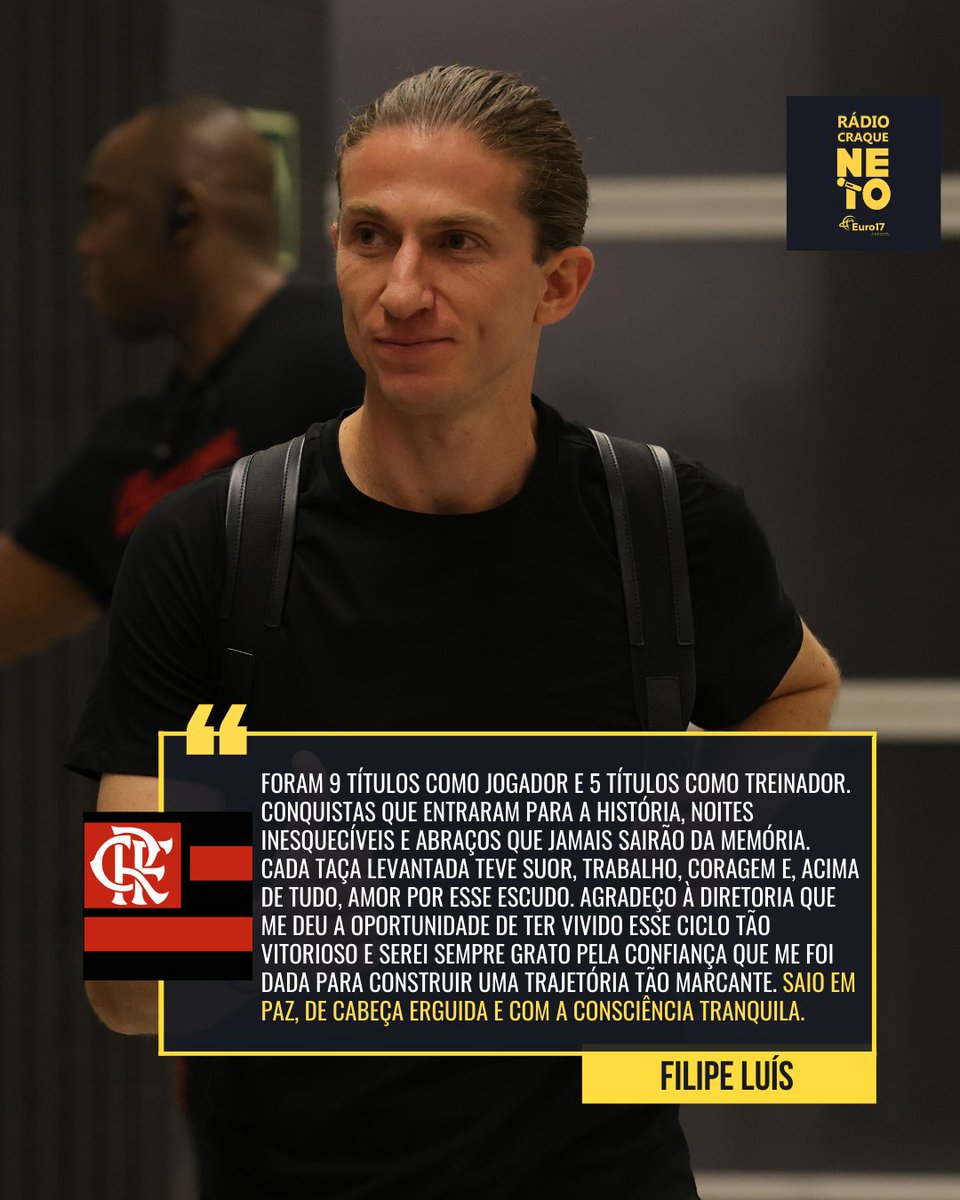 radiocraqueneto's tweet photo. "SAIO EM PAZ" 🗣️ Nas redes sociais, Filipe Luís se pronunciou após sua demissão do Flamengo.
📸 @josemanoelidalgo
#mengão #brasileiro #campeonato #brasileirão #radiocraqueneto #flamengo #filipe #luis https://t.co/de7wNCEx2B