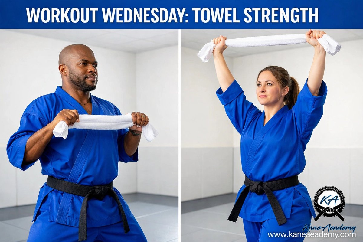 kaneacademy's tweet photo. It’s Workout Wednesday! Try this 5-min towel routine:
• Rows: Pull towel tight to chest
• Presses: Keep tension overhead
• Mod: Seated or standing works!
Build strength anywhere, no gym needed. 🥋

What’s your favorite way to squeeze in a quick workout at home? https://t.co/Rw2EhclA5f