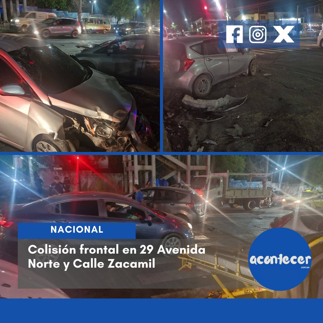 acontecercomsv's tweet photo. #SanSalvador 🚗🔥 🚨 Choque frontal entre dos vehículos en la 29 Avenida Norte y Calle Zacamil 🚗💥👮♂️🚑 Equipos de emergencia se encuentran en la zona evaluando la situación. Hasta el momento no se ha confirmado si hay lesionados.
#AccidenteVial #Zacamil #Mejicanos #TránsitoSV https://t.co/2iDPHDUHKC