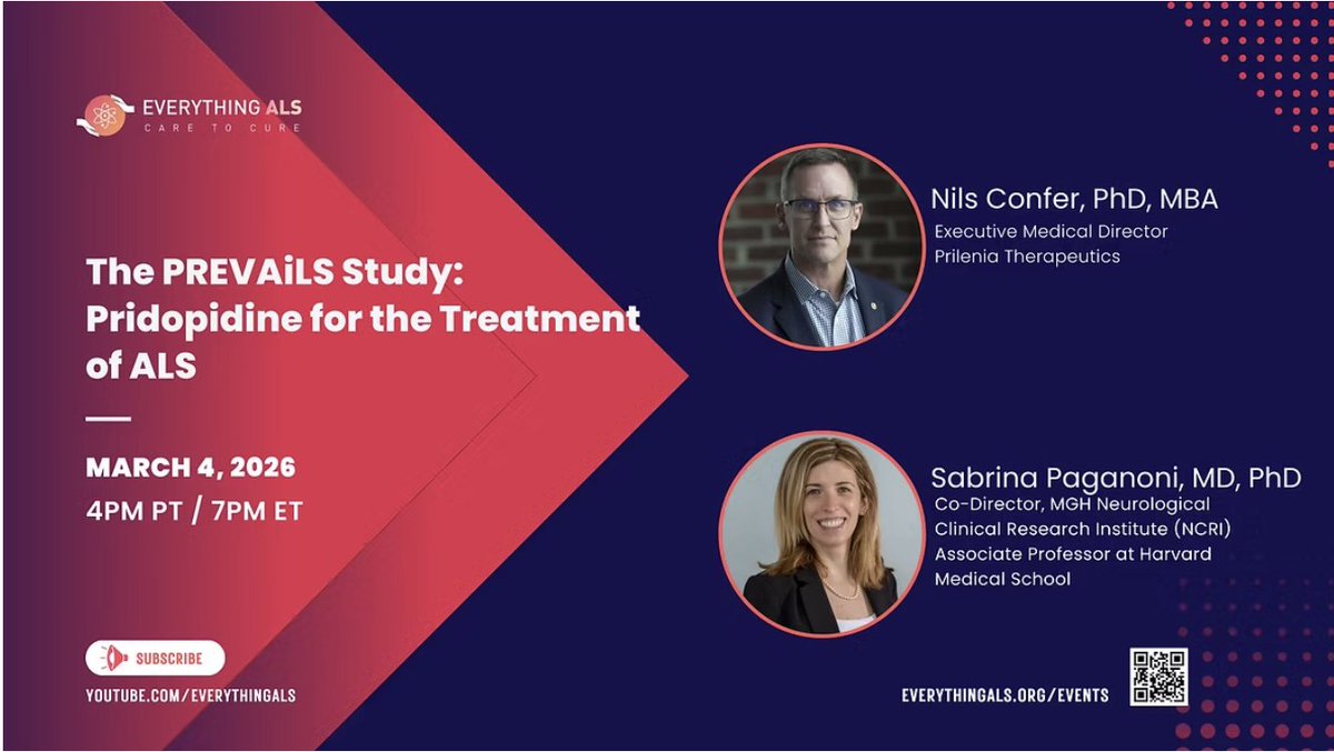 PrileniaTx's tweet photo. Today at 19.00 (ET)! Don't miss the @everything_als #ALSExpertTalks with @MassGenBrigham Institute for Neurodegenerative Disease's @PaganoniMDPhD and @PrileniaTx's Nils Confer. Together, they will give a detailed insight into the currently recruiting global Phase 3 #PREVAiLS study of #pridopidine in early, rapidly progressive #ALS being undertaken by Prilenia and Ferrer.
If you haven't already registered, click here: https://t.co/gvSUlCFlL4
#EndALS #EverythingALS