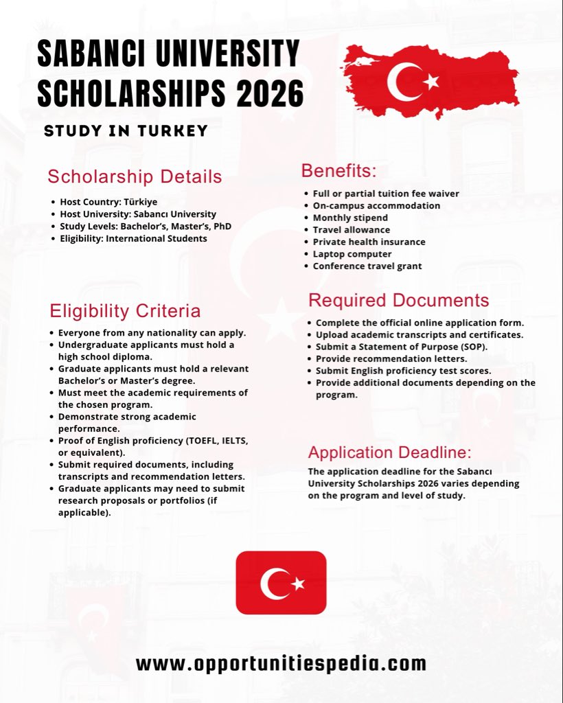 Sabancı University Scholarships 2026 – Study in Turkey

The Sabancı University is inviting applications for its 2026 scholarship opportunities for international students to study in .

Study Levels: Undergraduate | Master’s | PhD
Eligibility: Open to international students