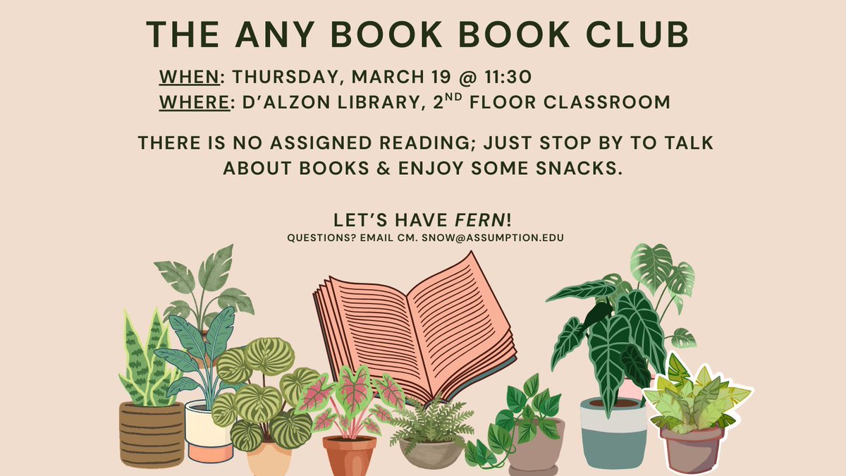 AUdalzonlibrary's tweet photo. Our next book club meeting is coming up soon; stop by to discover some new books and share your favorites! #bookclub #books #library #libraries #TBR #TBRpile #dalzonlibrary #assumption https://t.co/44uVhApxqT