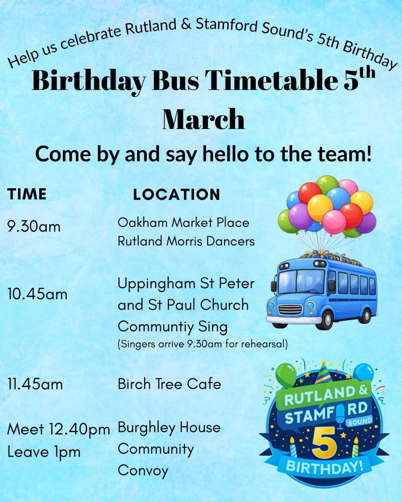 RutStamSound's tweet photo. MARKING FIVE YEARS ON THE AIR! 📻🎶

Do join our 5th birthday celebrations by coming to see us along our Blands bus route.🚌

It's looking like great weather!☀️

MORE:🔎 https://t.co/A39js603Ey

Or tune in if you can't be with us.🎧

#birthday #RSSturns5 #Radio #Rutland #Stamford https://t.co/Ef6xf5OPrg
