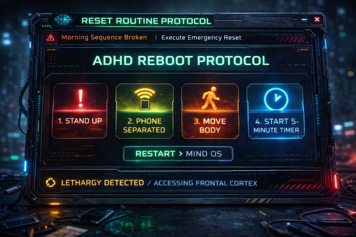 Good Morning 🔆
Currently testing…
New morning routine. 
Specifically tailored for ADHD. 
Day 3 out 66 to make it an auto habit😭

Woke up early… 
Couldn’t go back to sleep. 
So I doom scrolled. Smh. But that’s okay. 

Here’s how we reset.  🧵