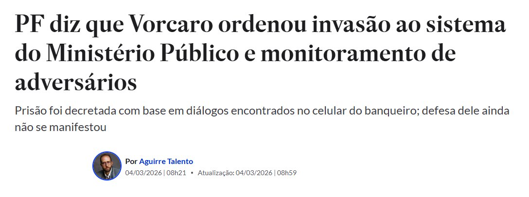 Da matéria:

Um dos alvos seria o jornalista Lauro Jardim, do jornal O Globo. Na mensagem, Vorcaro afimou: “Esse lauro quero mandar dar um pau nele. Quebrar todos os dentes. Num assalto”.